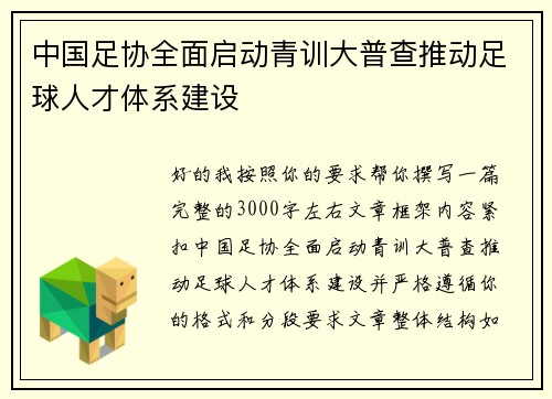 中国足协全面启动青训大普查推动足球人才体系建设